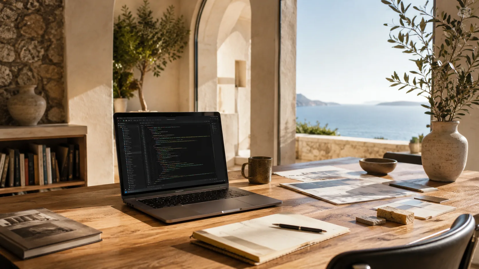 Workspace mediterraneo con laptop e vista mare